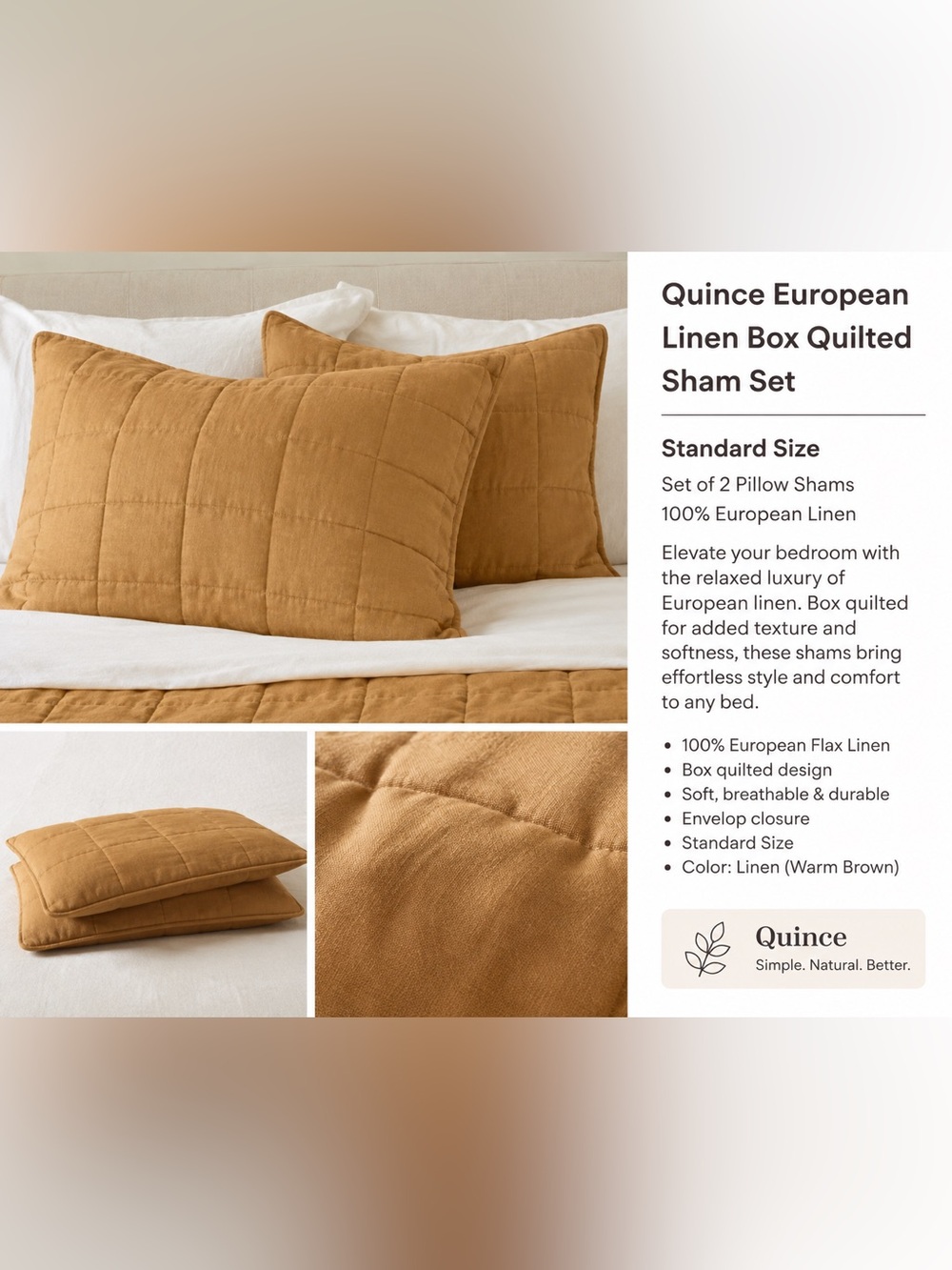 Quince European Linen Box Quilted Sham Set Standard Warm Brown - Picture 13 of 13